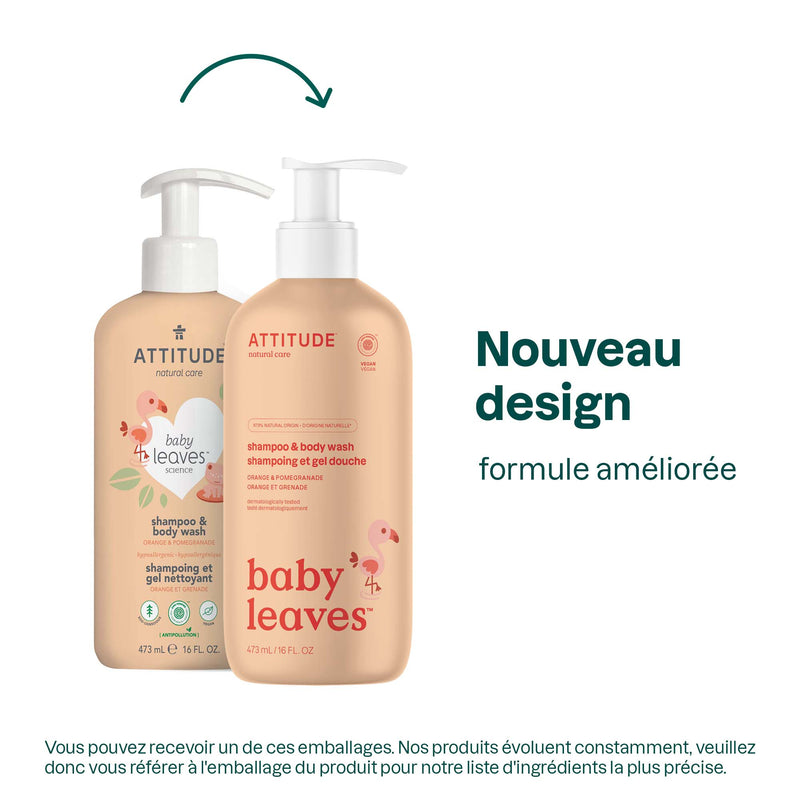 16611 ATTITUDE Baby Leaves™ - Shampooing gel nettoyant bébé 2 en 1 - Certifié EWG - Orange grenade _fr? - Orange et grenade