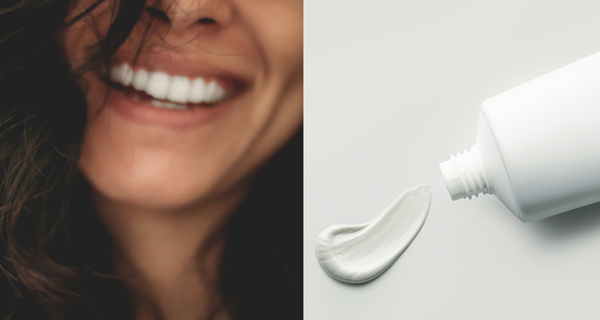 On the left, face of a woman smiling with her teeth, on the right, a tube of toothpaste smearing toothpaste | ATTITUDE